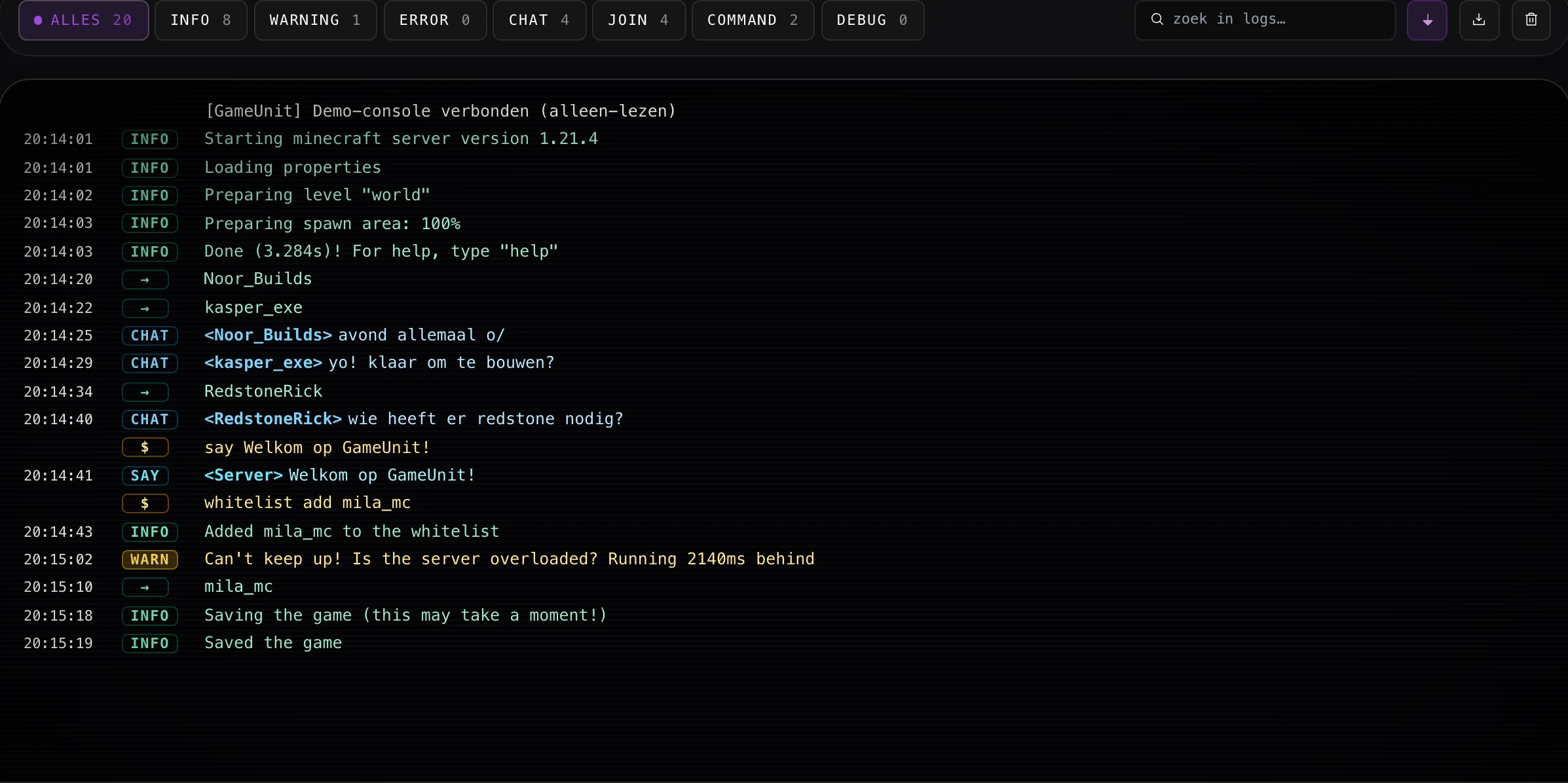 GameUnit console — live server-output met filters
